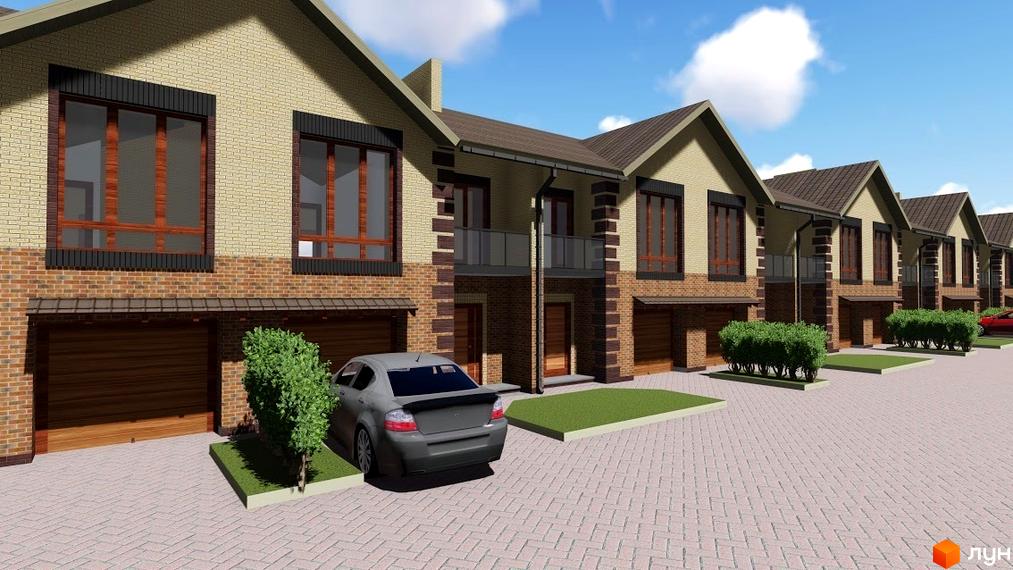 Зовнішній вигляд таунхаусів Green Villa: світла та темна цегляна кладка, темні вікна, гаражі. Прибудинкова територія з бруківкою та кущами.