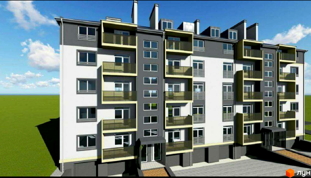 Зовнішній вигляд новобудови ЖК Снігурського з балконами та вікнами. Навколо будинку зелена галявина та блакитне небо з хмарами.