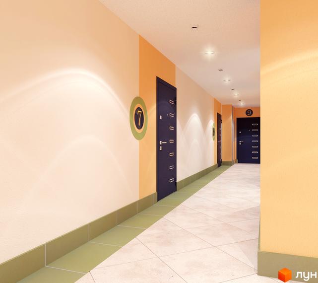 Довгий коридор Житлового комплексу Пектораль з світлими стінами, темними дверима з номерами та плитковою підлогою.