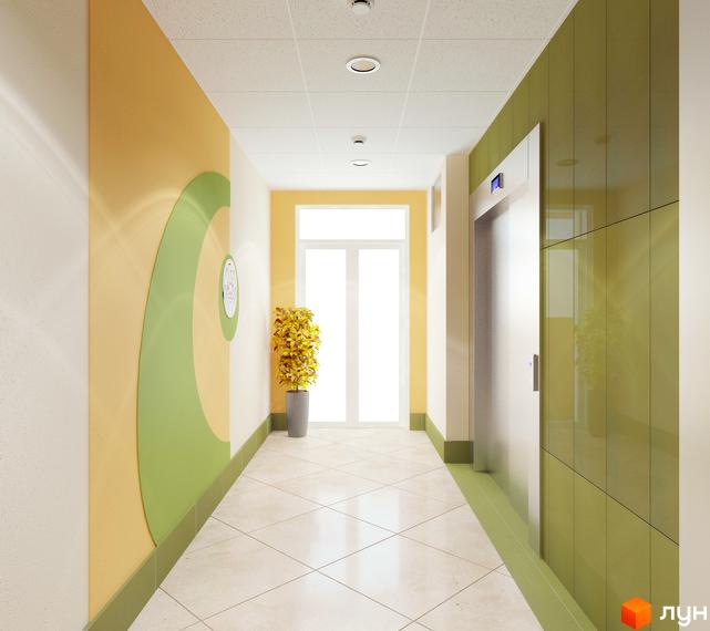 Світлий хол Житлового комплексу Пектораль з плитковою підлогою, декоративними стінами та ліфтом. На стінах жовто-зелені візерунки, в кінці коридору двері та рослина.