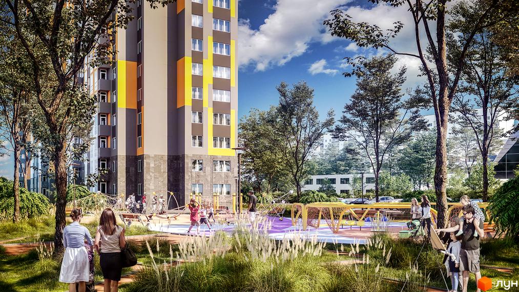 Житловий комплекс Пектораль: багатоповерховий будинок з сіро-жовтим фасадом. Поруч зелена територія з деревами та дитячим майданчиком.