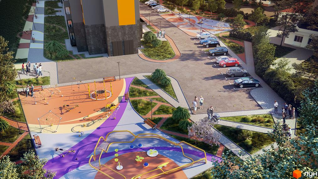 Будинок Житлового комплексу Пектораль з темно-сірими та жовтими фасадами. На прибудинковій території розташований дитячий майданчик, зелені насадження та парковка.