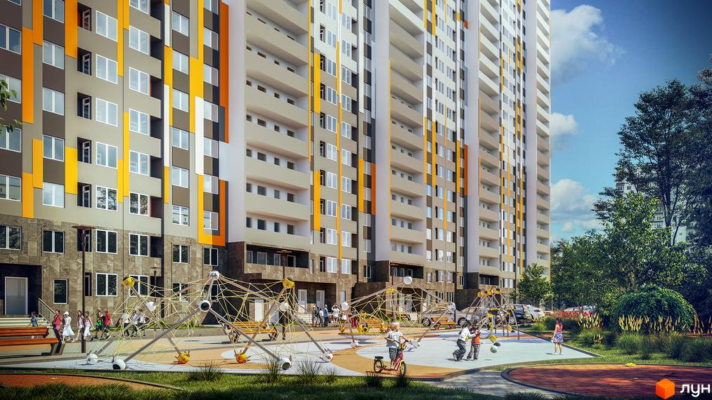 Житловий комплекс Пектораль з багатоповерховим фасадом сірих, білих та жовтих кольорів. На передньому плані дитячий майданчик з дітьми та зеленими насадженнями.