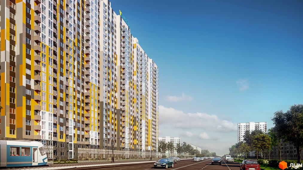 Житловий комплекс Пектораль з яскравим жовто-сірим фасадом, дорогою з автомобілями та трамваєм.