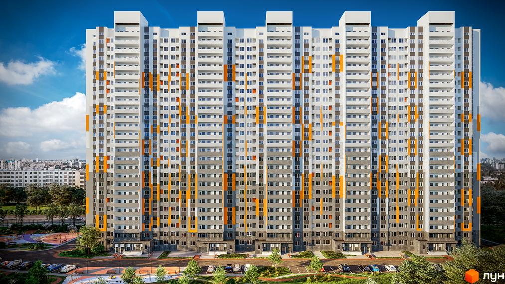 Багатоповерховий будинок Житлового комплексу Пектораль з білим, сірим та помаранчевим фасадом. Навколо будинку є зелені насадження, дитячий майданчик та парковка.