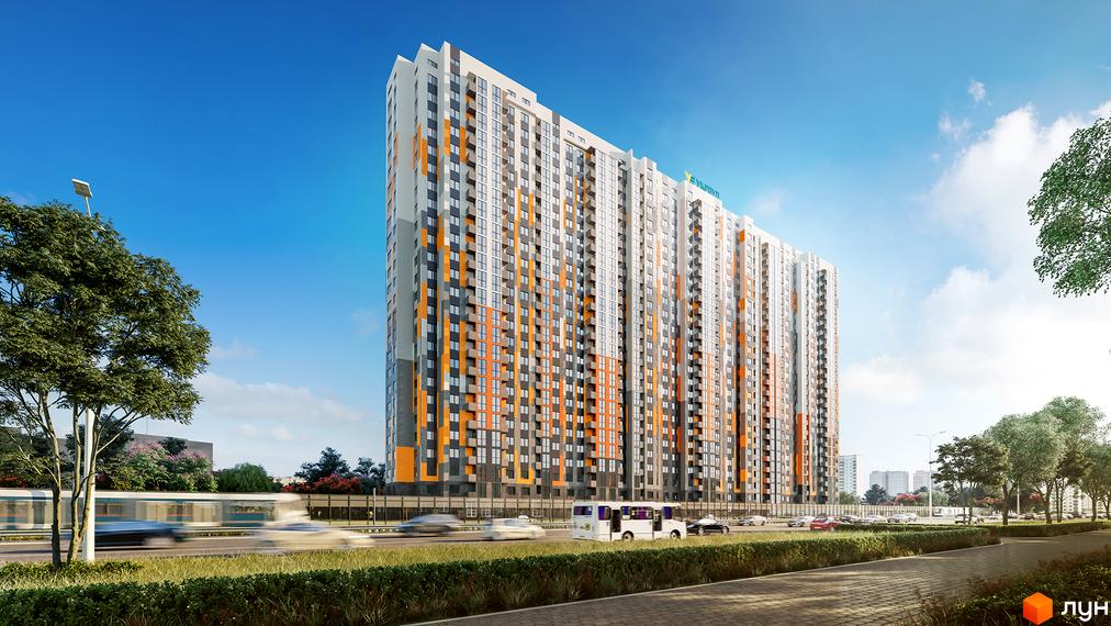 Житловий комплекс Пектораль з фасадом білих, сірих та помаранчевих відтінків. На передньому плані дорога з рухом транспорту, зелені насадження та пішохідна доріжка.