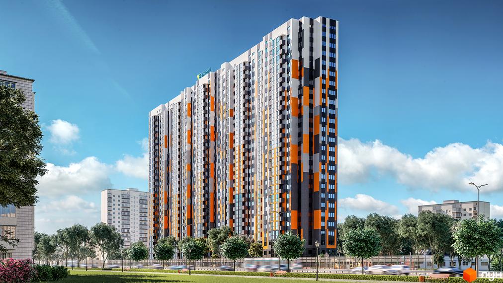 Житловий комплекс Пектораль з висотним будинком, що має фасади з білих, сірих, чорних та помаранчевих панелей. На передньому плані зелений газон, дерева та дорога з автомобілями.