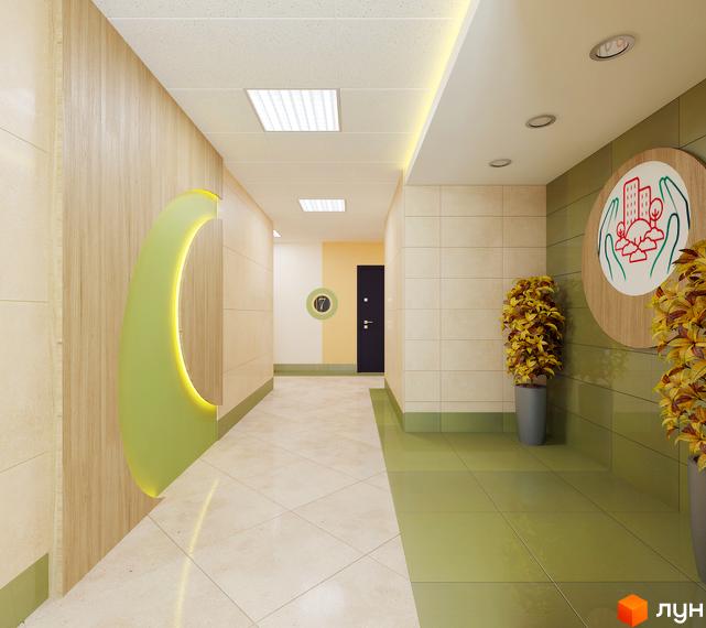 Внутрішній коридор Житлового комплексу Пектораль. Приміщення має світлі стіни, дерев'яні панелі, зелені акценти, плиткову підлогу та декоративні рослини.