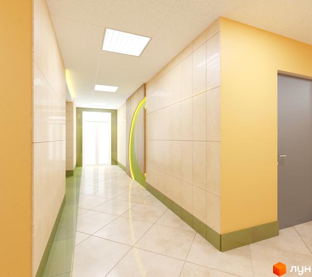 Довгий коридор Житлового комплексу Пектораль з плитковою підлогою, світлими стінами, зеленими плінтусами та декоративною панеллю з підсвічуванням.