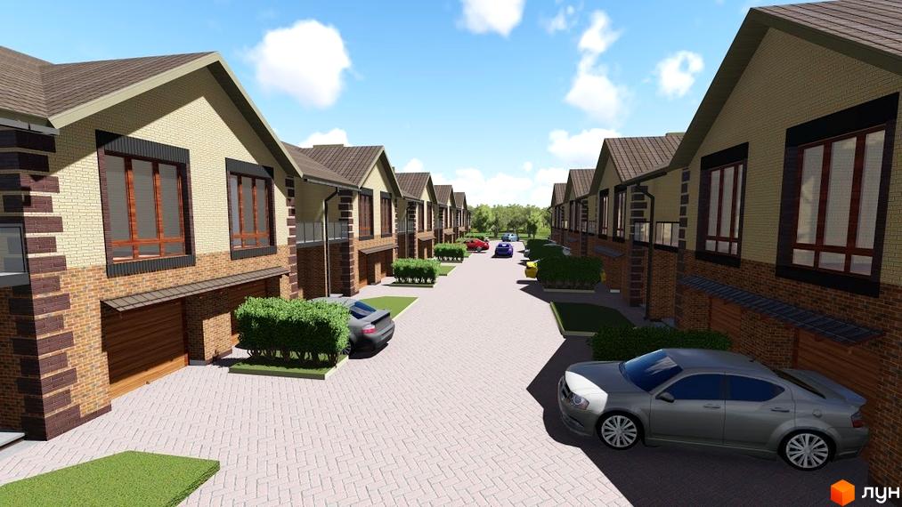 Таунхауси Green Villa з цегляним фасадом та гаражами, розташовані вздовж вимощеної вулиці з автомобілями та зеленими насадженнями.