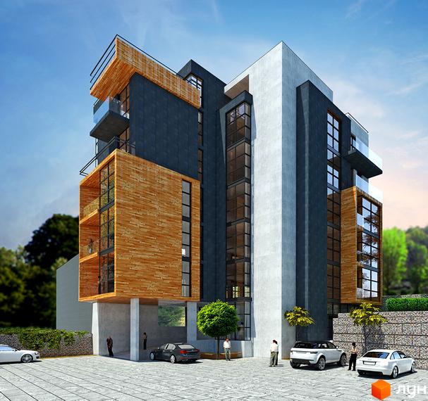 Клубний будинок „На Личаківській“ з фасадом з дерева та темних панелей, скляними балконами та великими вікнами. Прибудинкова територія з парковкою та зеленими насадженнями.