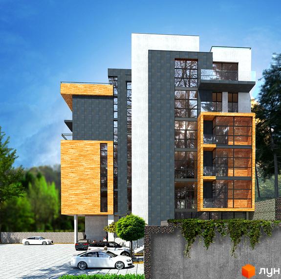 Клубний будинок „На Личаківській“ має багатошарову структуру з дерев'яними та сірими панелями, великими вікнами. Перед будинком розташований паркінг з кількома автомобілями та зелена зона.