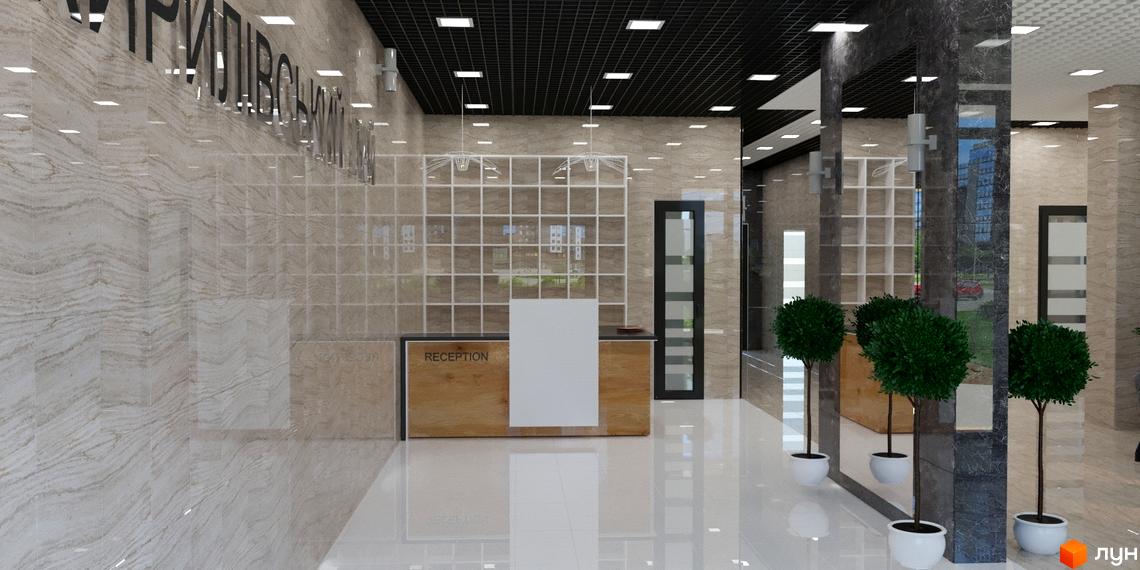Інтер'єр лобі житлового комплексу Кирилівський Гай з рецепцією, світлими мармуровими стінами та глянцевою підлогою, прикрашений рослинами.