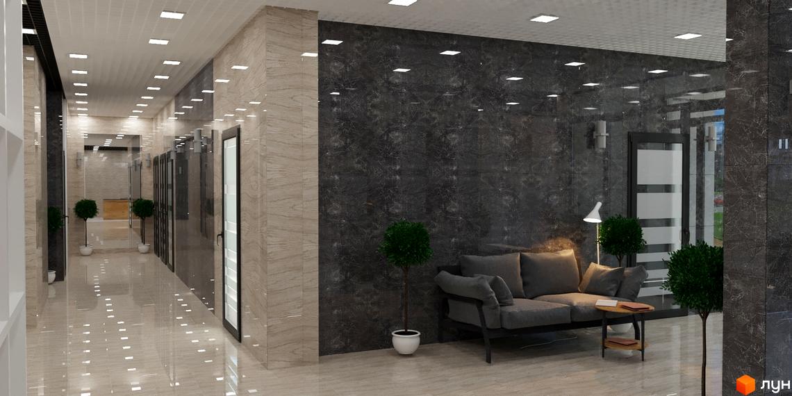 Вестибюль Житлового комплексу Кирилівський Гай: просторий коридор з оздобленням під мармур, світлою підлогою та зоною відпочинку.