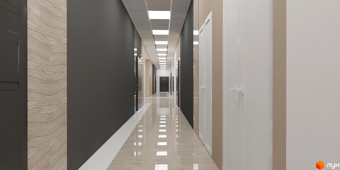 Довгий коридор у Житловому комплексі Кирилівський Гай з глянцевою плиткою на підлозі, темними та світлими стінами, білими дверима.
