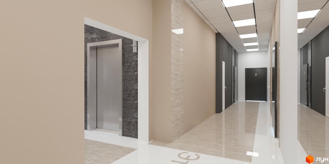 Світлий хол Житлового комплексу Кирилівський Гай з ліфтом, плитковою підлогою та дверима квартир. Коридор має світлі та темні стіни.