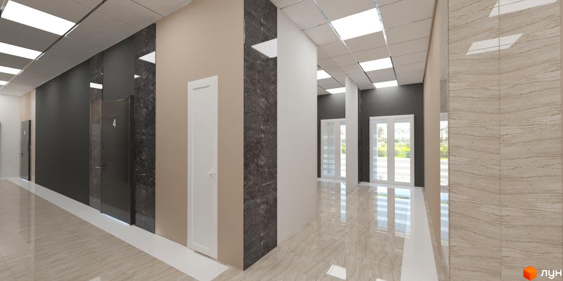 Житловий комплекс Кирилівський Гай: Світлий коридор з плитковою підлогою, стінами з панелей та дверима. Вид на зелену зону.