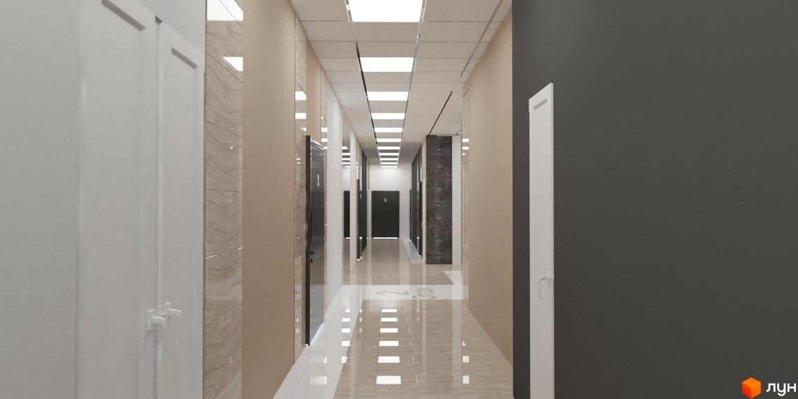 Довгий коридор з яскравим освітленням та глянцевою підлогою в Житловому комплексі Кирилівський Гай. Видно двері до квартир та світлі стіни.