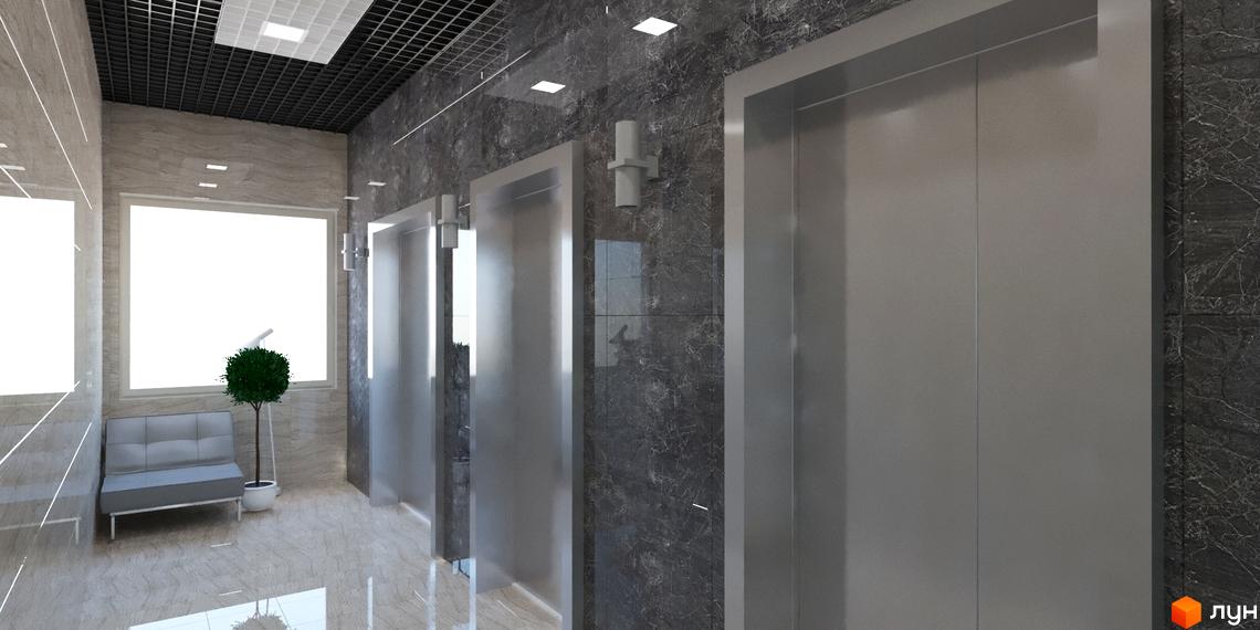 Житловий комплекс Кирилівський Гай: інтер'єр холу з ліфтами, оздобленням стін темним мармуром та зоною відпочинку біля великого вікна.