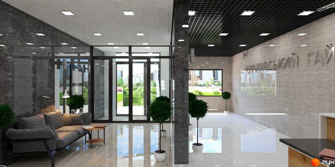 Інтер'єр вестибюлю Житлового комплексу Кирилівський Гай з зоною відпочинку, скляними дверима та видом на зелену територію.