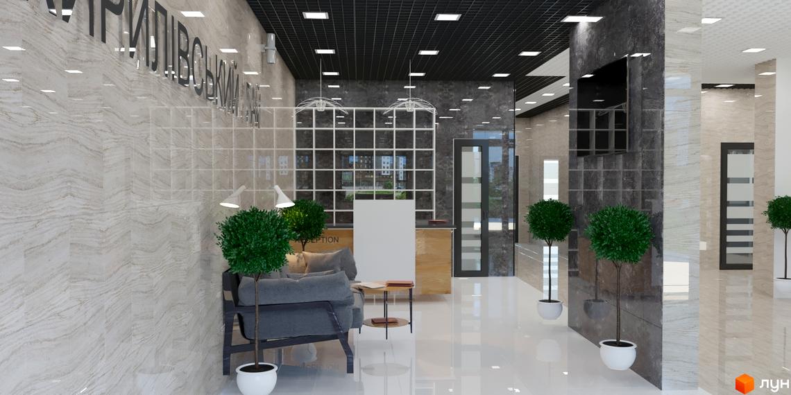 Вхідна група Житлового комплексу Кирилівський Гай: просторе лобі з глянцевою підлогою, мармуровими стінами та зоною відпочинку.