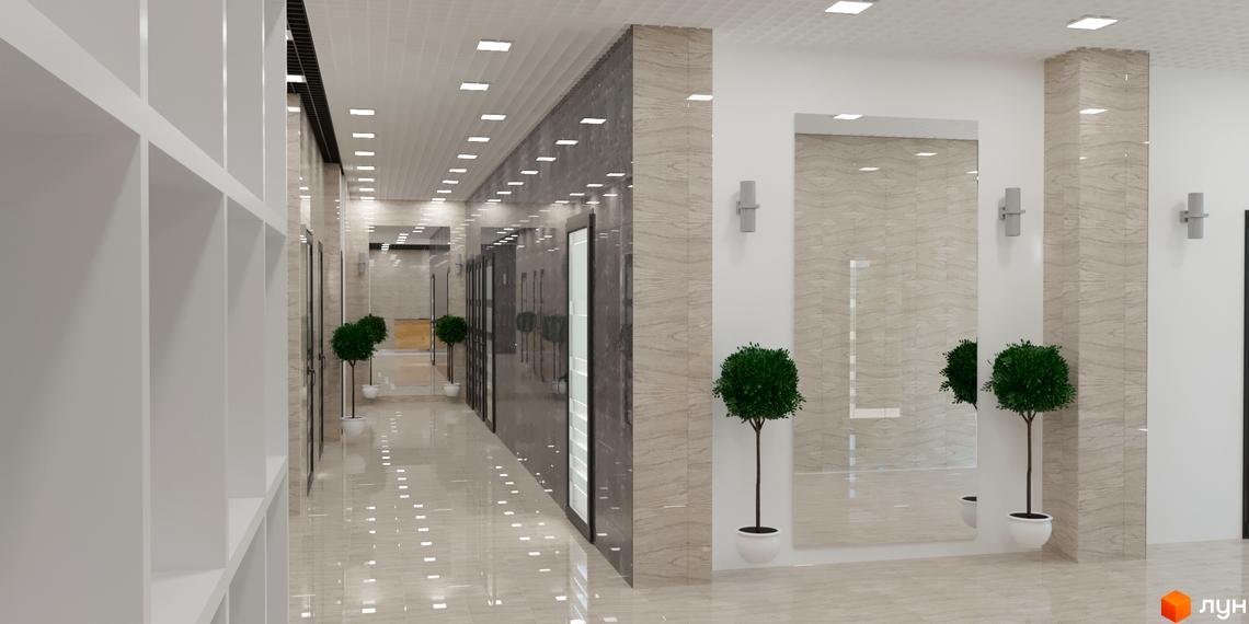 Просторий інтер'єр холу Житлового комплексу Кирилівський Гай з глянцевою плиткою, дзеркалами та декоративними рослинами.