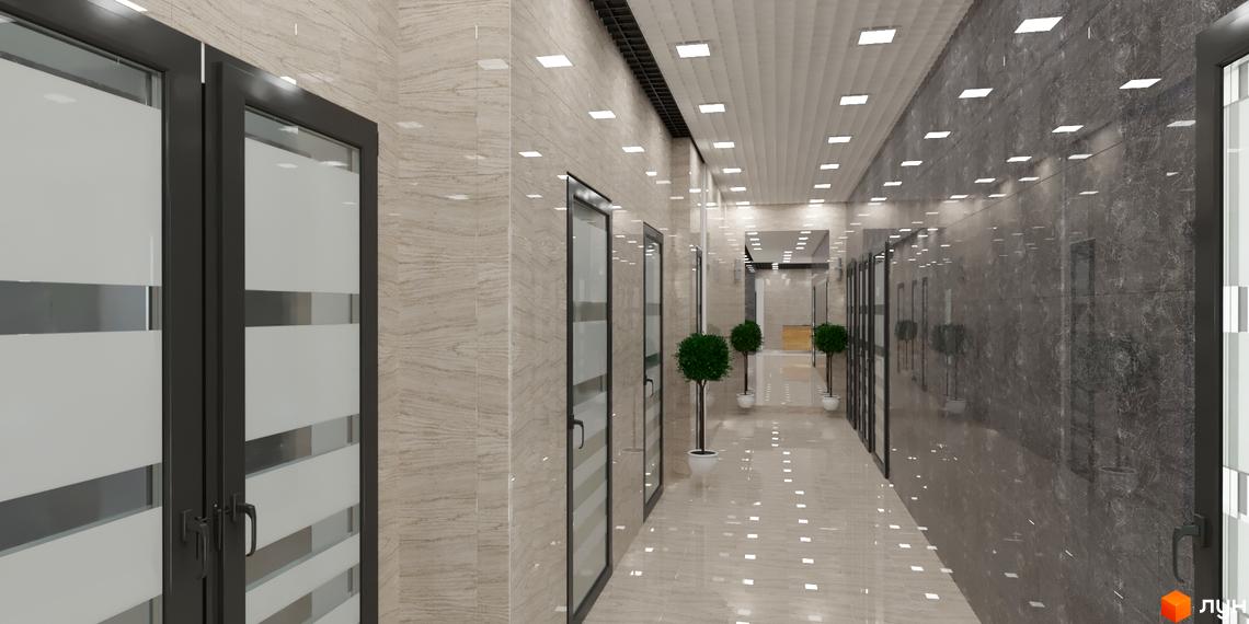 Довгий коридор Житлового комплексу Кирилівський Гай з глянцевою плиткою на підлозі та стінах, дверима з матового скла. Простір прикрашений зеленими рослинами.