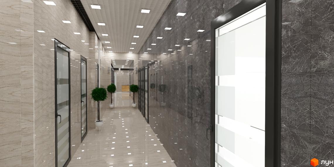 Коридор Житлового комплексу Кирилівський Гай з плитковими стінами та підлогою, скляними дверима. На стелі освітлення, уздовж коридору – рослини.