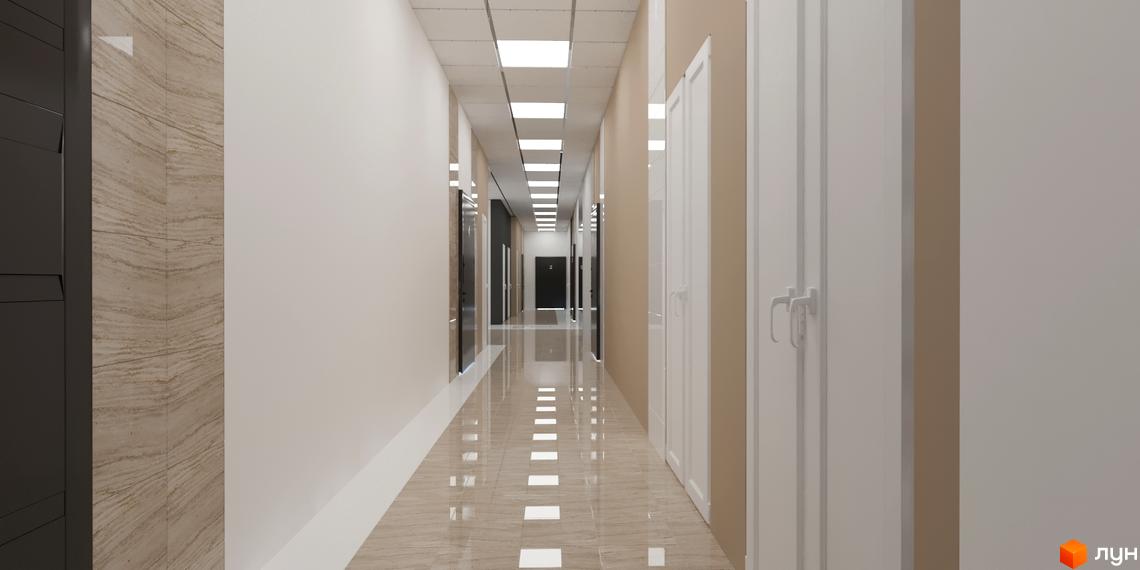 Довгий коридор Житлового комплексу Кирилівський Гай з глянцевою підлогою та рядами дверей. Стіни світлі, стеля освітлена квадратними лампами.
