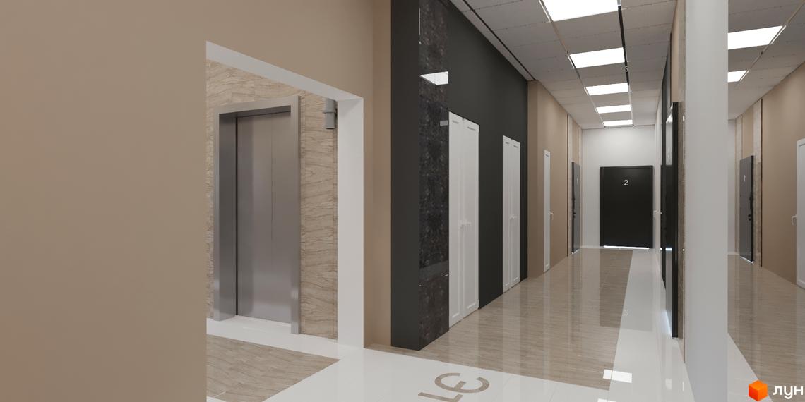 Інтер'єрний коридор Житлового комплексу Кирилівський Гай з ліфтом, дверима та освітленням. Підлога з глянцевої плитки.