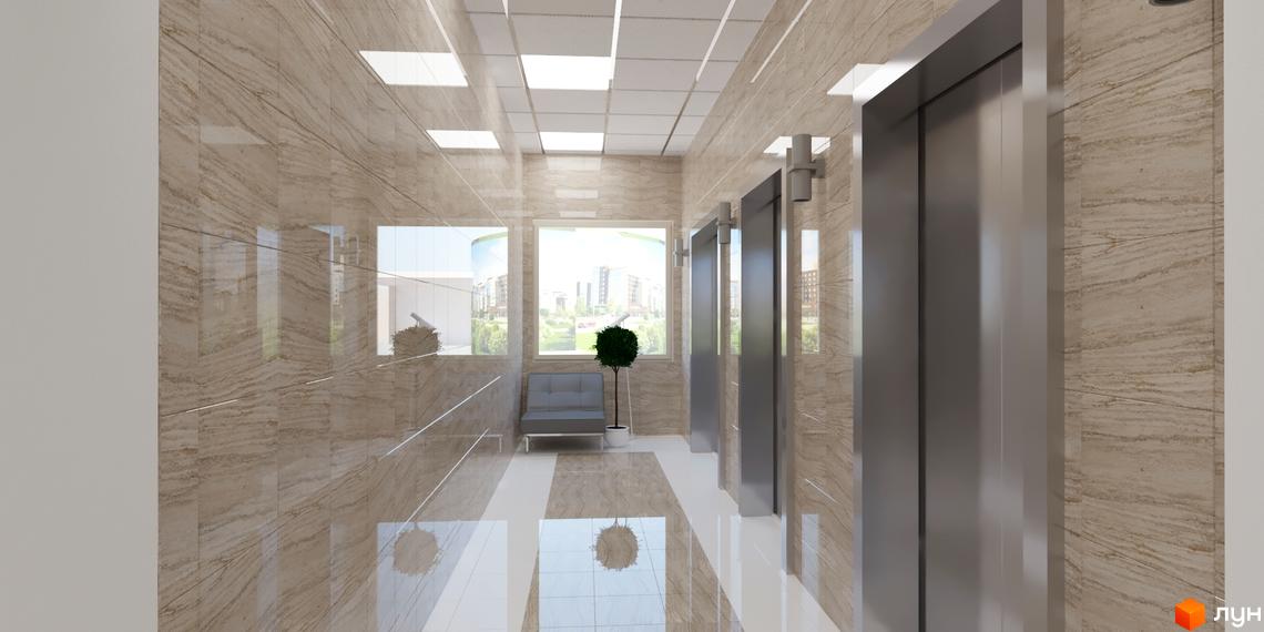 Житловий комплекс Кирилівський Гай: інтер'єр холу з ліфтами, світлими стінами під мармур та видом на зелену зону.
