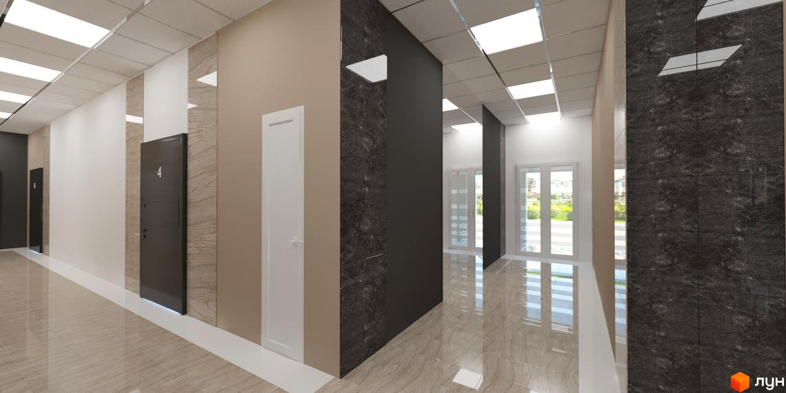 Коридор Житлового комплексу Кирилівський Гай з темними та світлими дверима, глянцевою підлогою та видом на зелену територію.