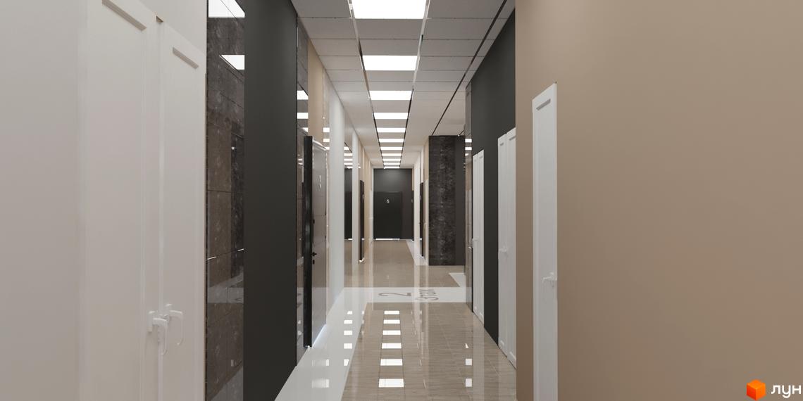Довгий коридор у Житловому комплексі Кирилівський Гай, що має білі двері, світлу підлогу та яскраве стельове освітлення. Це внутрішній простір новобудови.