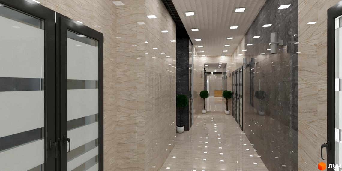 Довгий коридор Житлового комплексу Кирилівський Гай з світлими стінами, глянцевою підлогою та точковими світильниками. Інтер'єр доповнюють декоративні рослини.