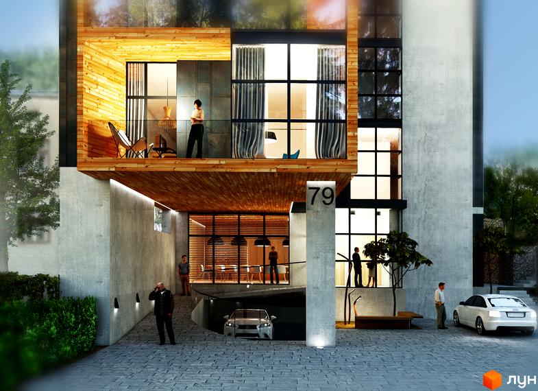 Клубний будинок „На Личаківській“ з дерев'яними та бетонними елементами, великими вікнами та прибудинковою територією з автомобілями та зеленими зонами.