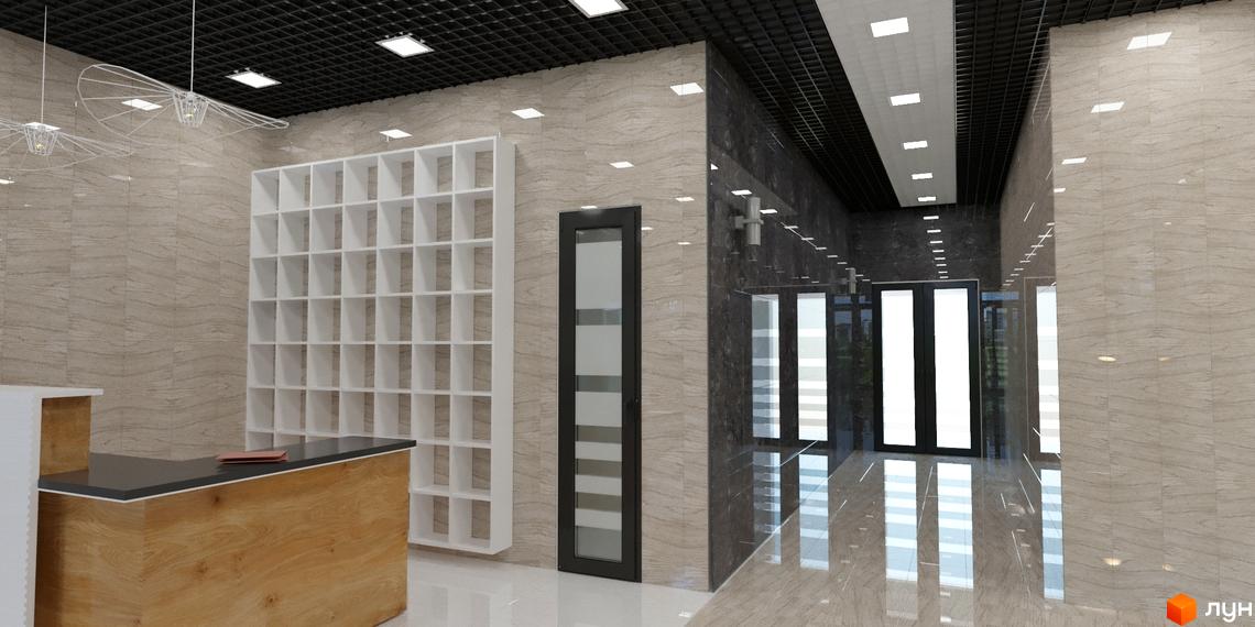 Житловий комплекс Кирилівський Гай: світле лобі з дерев'яною рецепцією, білим стелажем та довгим коридором з глянцевою підлогою.