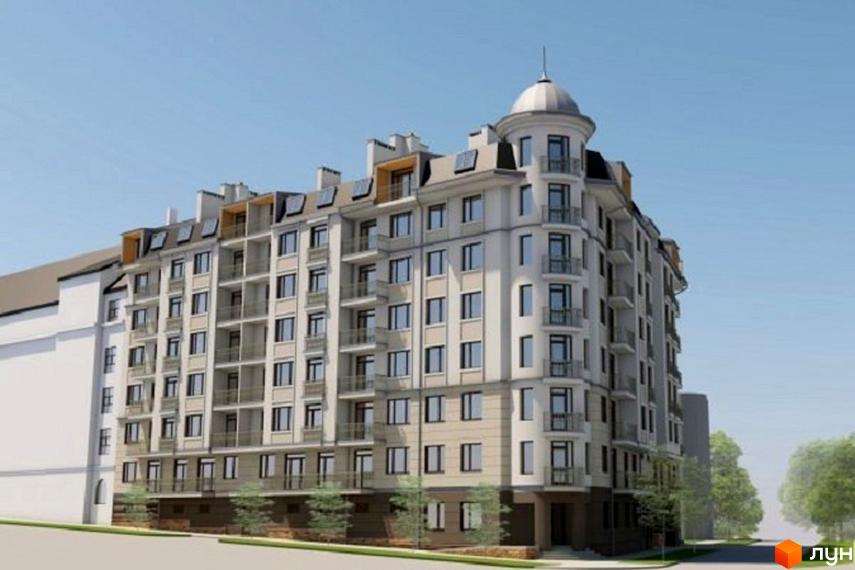 Зовнішній вигляд новобудови на вулиці Івана Карпинця / вулиці Павла Сбитова (Генерала Засядька). Багатоквартирний будинок з балконами та мансардними вікнами під куполом.