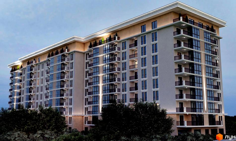 Фасад житлового комплексу на вул. Виговського, 5б, з численними балконами та панорамними вікнами. Навколо будівлі – зелені дерева.