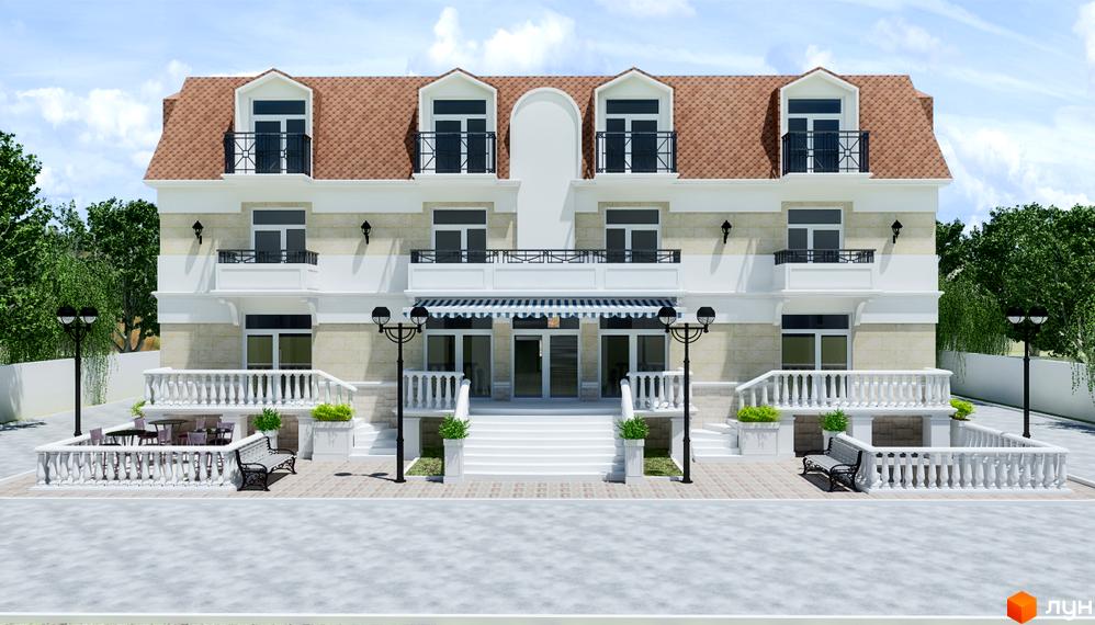 Клубний будинок „Дайберг“ з чотирма поверхами, мансардою та балконами. Прибудинкова територія з терасою, лавками та вуличним освітленням.