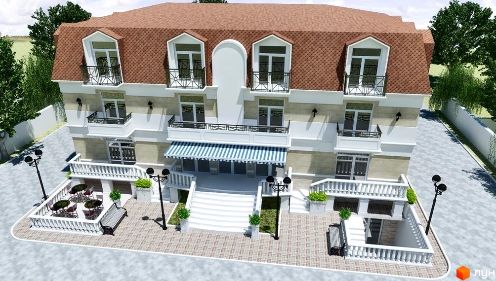 Клубний будинок „Дайберг“ з мансардним дахом, балконами, терасою та вуличними меблями. Зовнішній вигляд будівлі та прибудинкова територія.