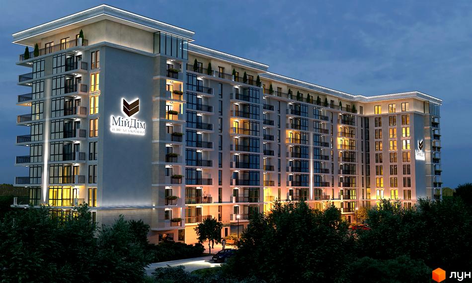 Зовнішній вигляд багатоповерхового будинку житлового комплексу 