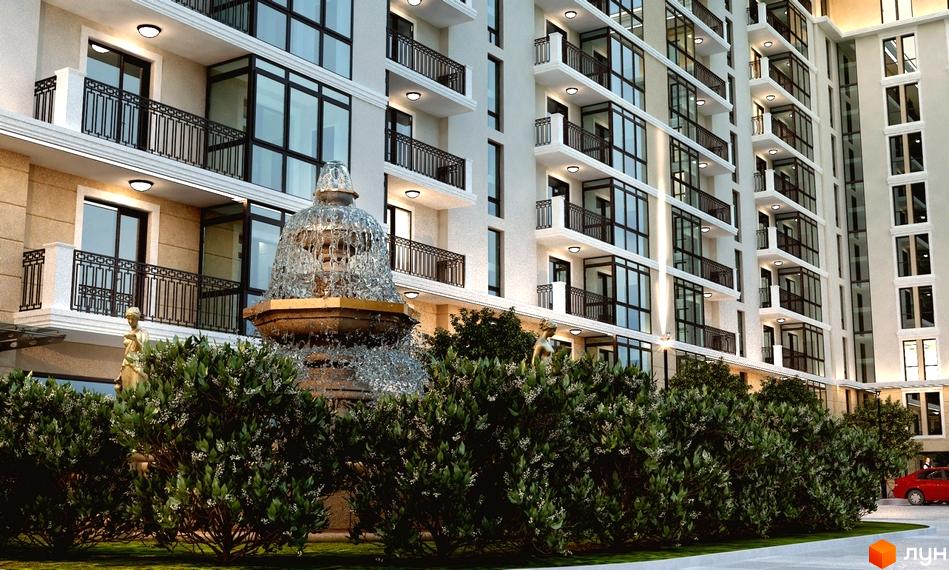 Фасад житлового комплексу на вул. Виговського, 5б, з балконами та вікнами. Прибудинкова територія з фонтаном та кущами.