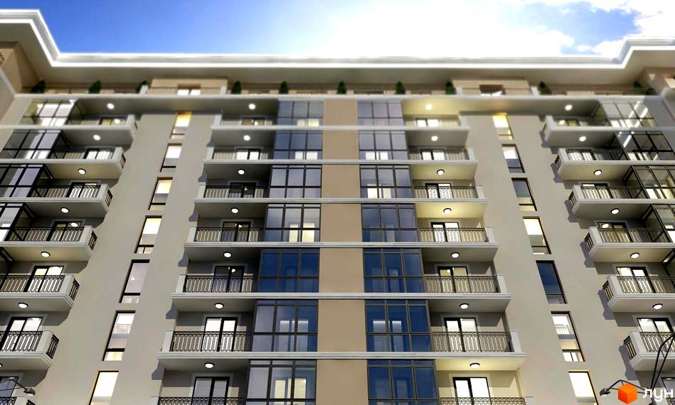 Фасад новобудови на вул. Виговського, 5б. Багатоквартирний будинок з балконами та великими вікнами.