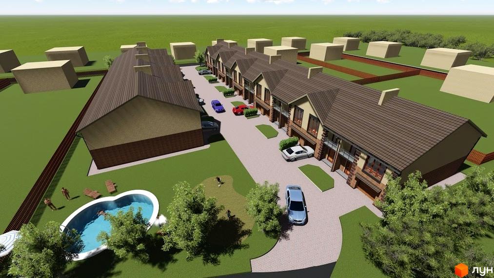 Таунхауси Green Villa з цегляним фасадом та коричневим дахом. На прибудинковій території басейн у формі серця, зелені насадження та зони відпочинку.