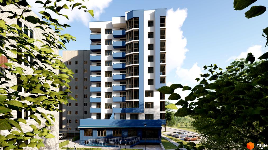 Новобудова ЖК LakePark з біло-синім фасадом та блакитними балконами. Поруч розташовані дерева та прибудинкова територія з автомобілями.