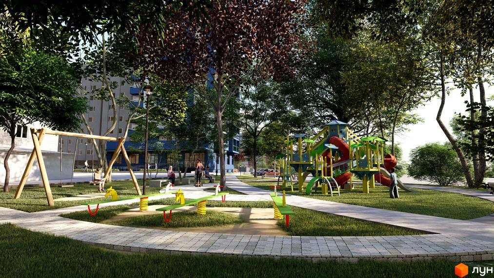 Дитячий майданчик з гойдалками та гірками біля багатоповерхових будинків житлового комплексу LakePark. Зелена територія з доріжками та деревами.