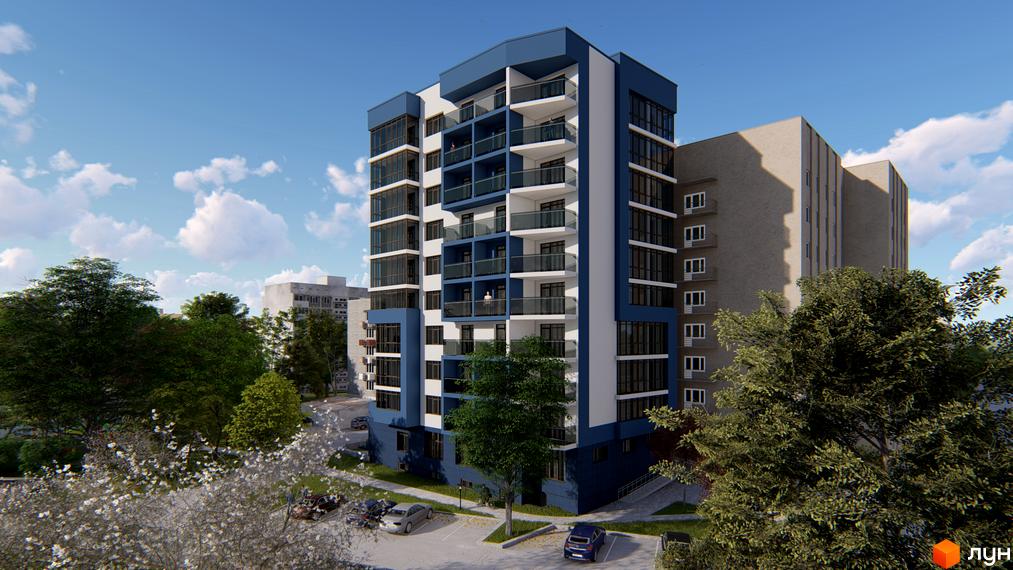 Зовнішній вигляд житлового комплексу LakePark з синьо-білим фасадом та балконами. Навколо зелені дерева та припарковані автомобілі.
