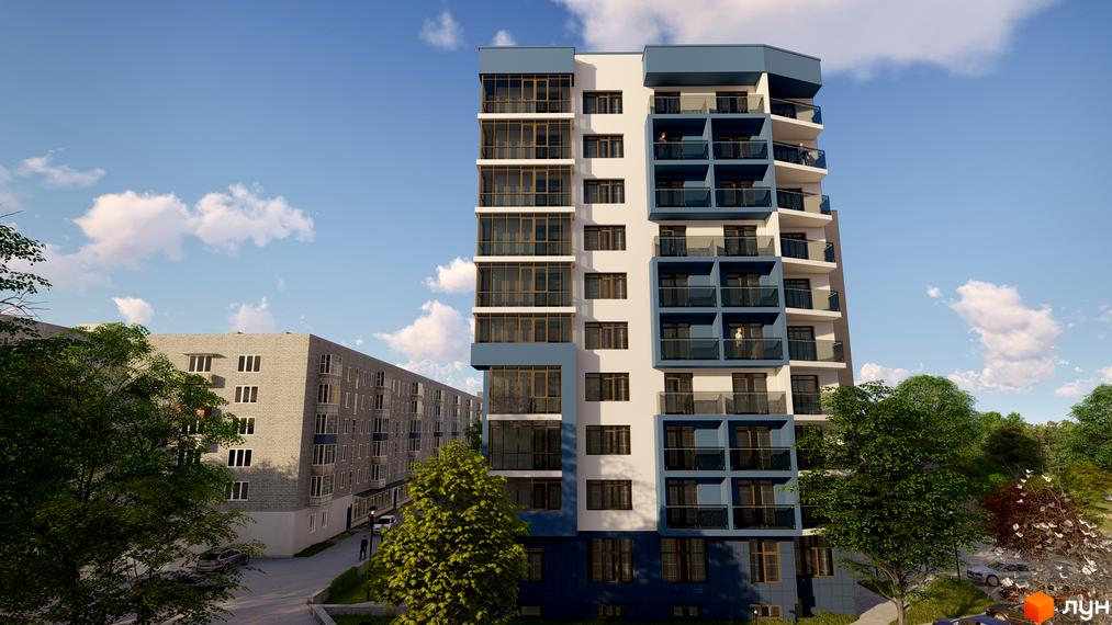 Житловий комплекс LakePark: сучасна багатоповерхова новобудова з балконами та панорамними вікнами. Навколо будинку зелені насадження та парковка.