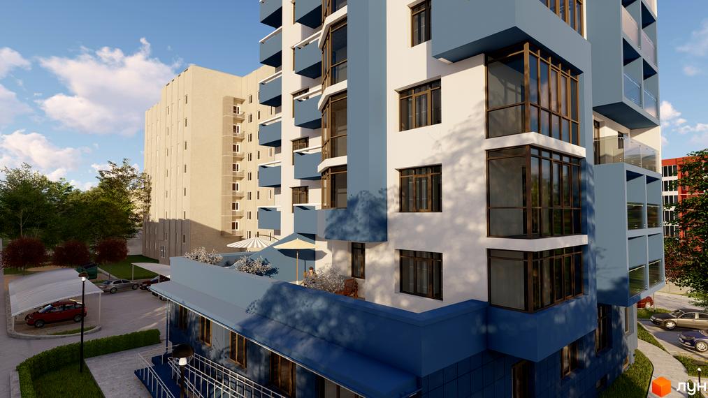 Зовнішній вигляд житлового комплексу LakePark з синіми та білими фасадами, великими вікнами та балконами. На прибудинковій території видно навіси для автомобілів та зелені насадження.
