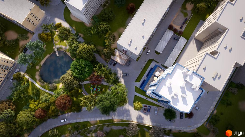 Житловий комплекс LakePark з озером та дитячим майданчиком. Сучасна архітектура та доглянута прибудинкова територія.